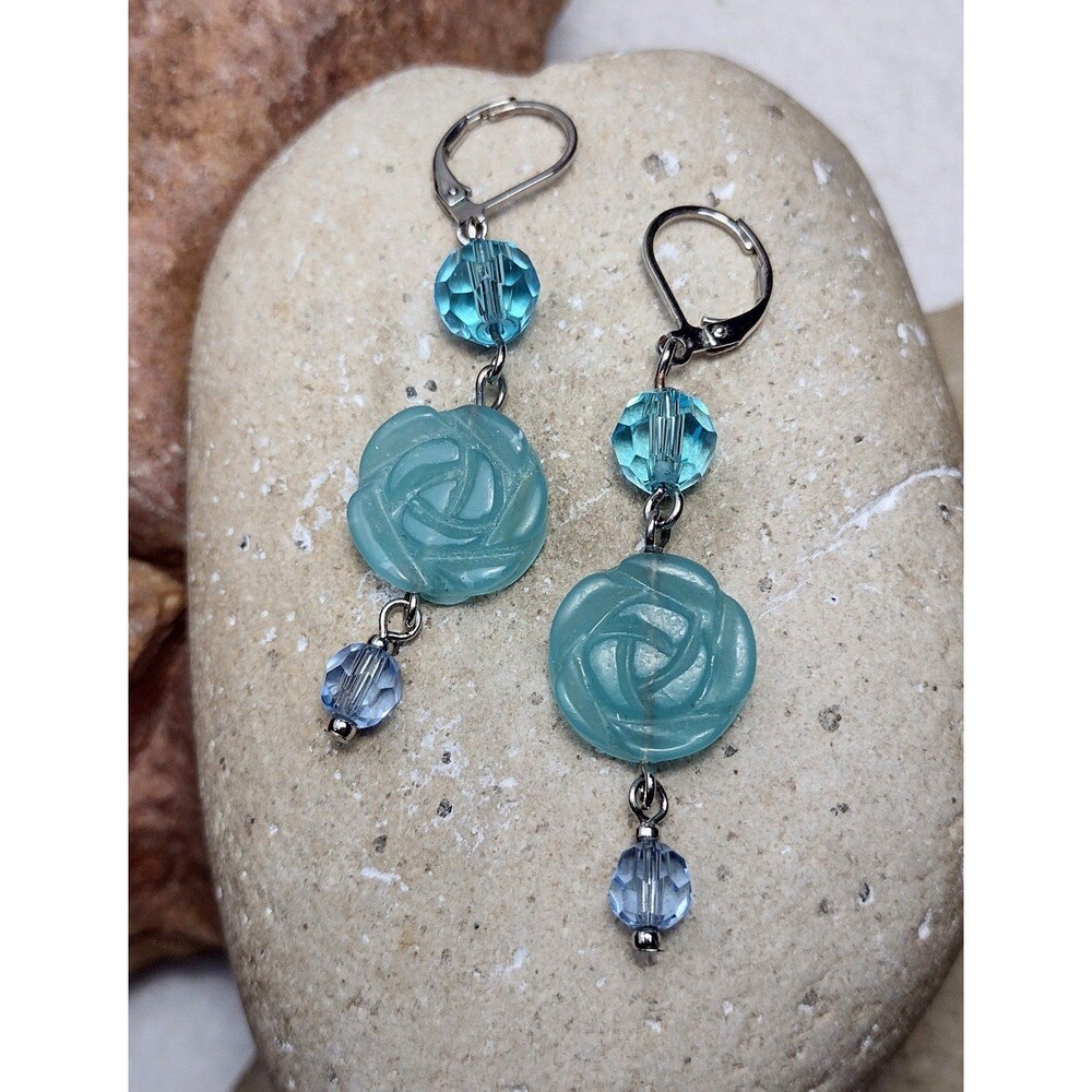 Blue Stone Carved Flower Crystal Beaded Dangle Earrings - Picture 1 of 7